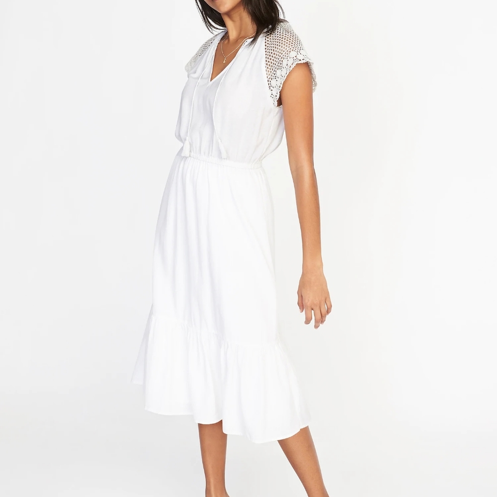 Crochet-Sleeve Waist-Defined Midi Dress